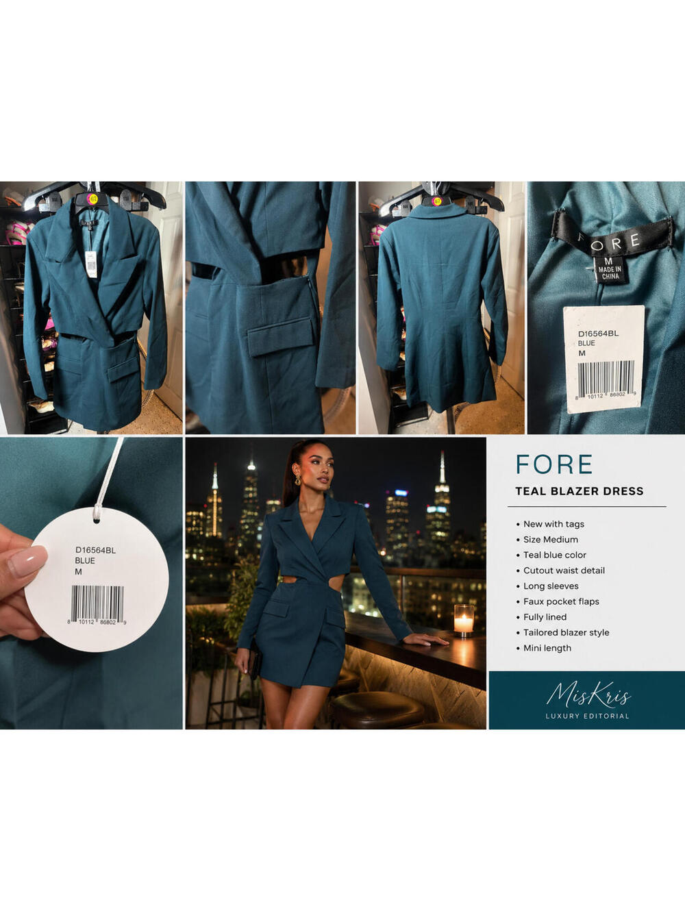 FORE Cut Out Blazer Dress Teal Blue Long Sleeve Mini Dress Size Medium NWT